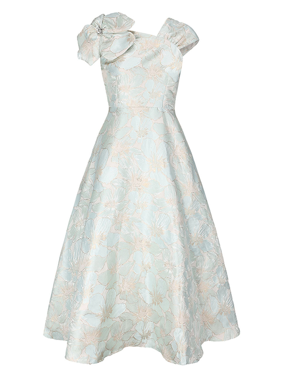 Light Green Luxury 3D Floral Jacquard One Shoulder Vintage Party Gown