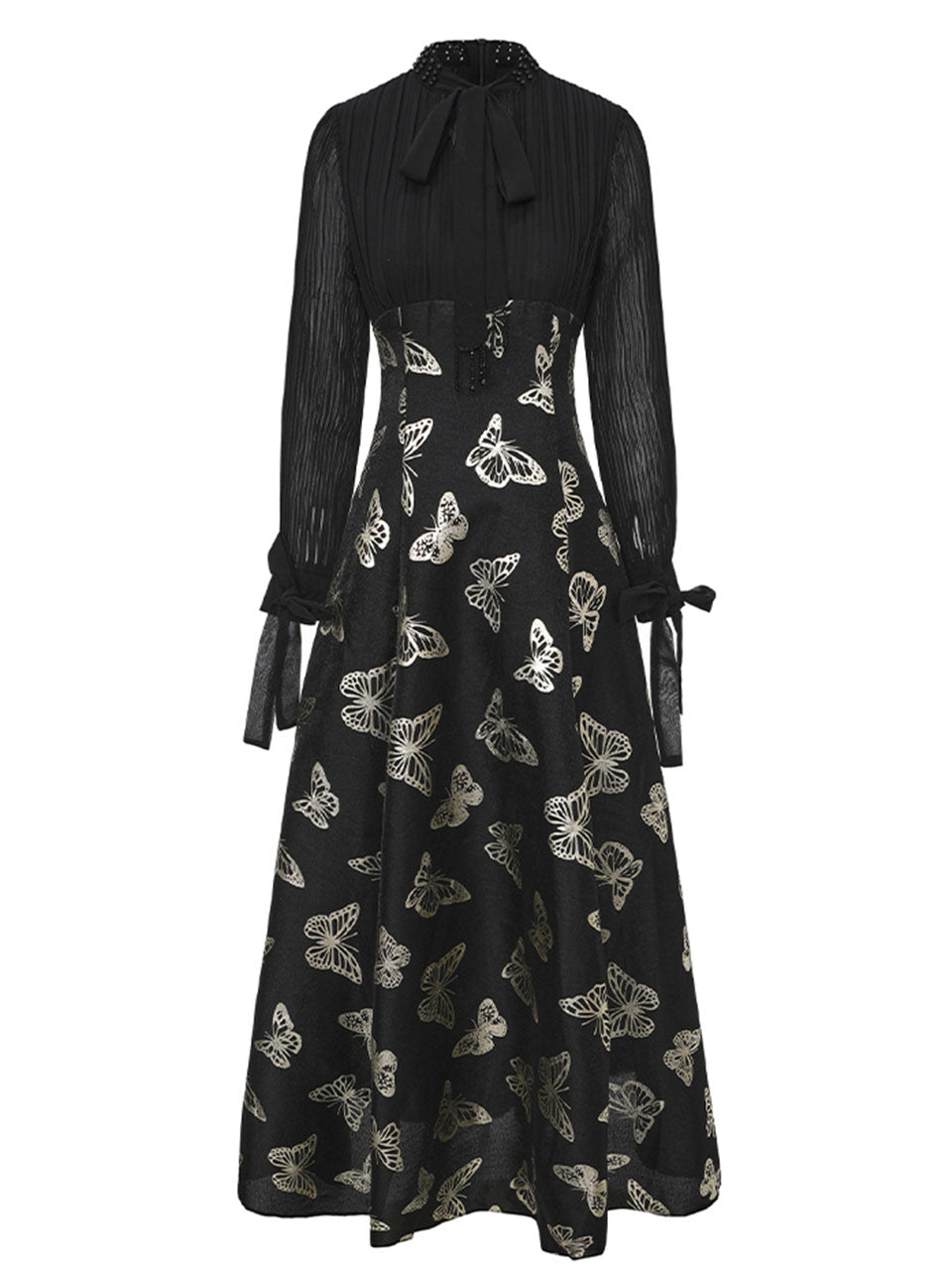 Gold Foil Butterfly Print Chiffon Blue Maxi Dress