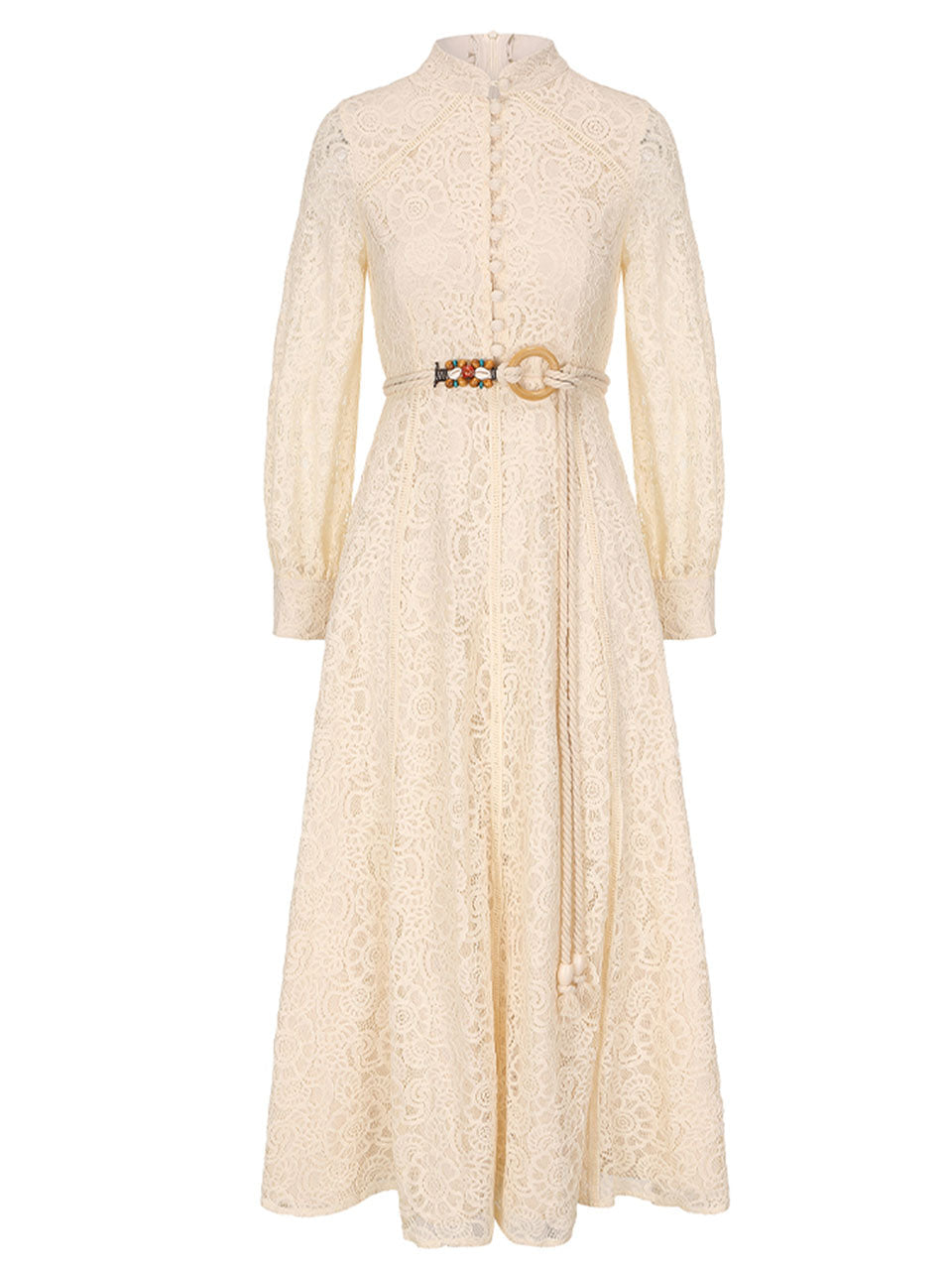 Blue Edwardian Lace Stand Collar Long Sleeve Maxi Dress