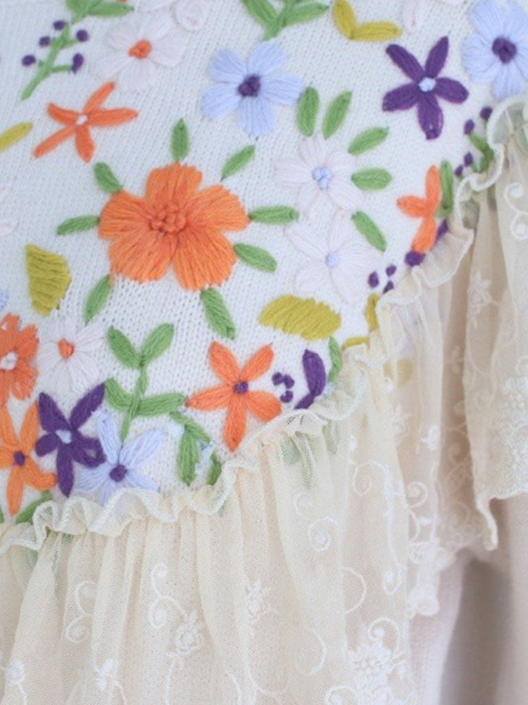 Embroidered Flower Puff Sleeve Vintage Knitting Sweater Dress