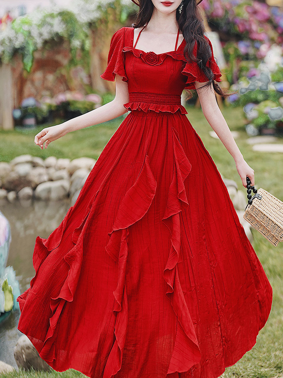 2PS Red Rose Ruffles Spaghetti Strap Top and High Waist Swing Dress Set