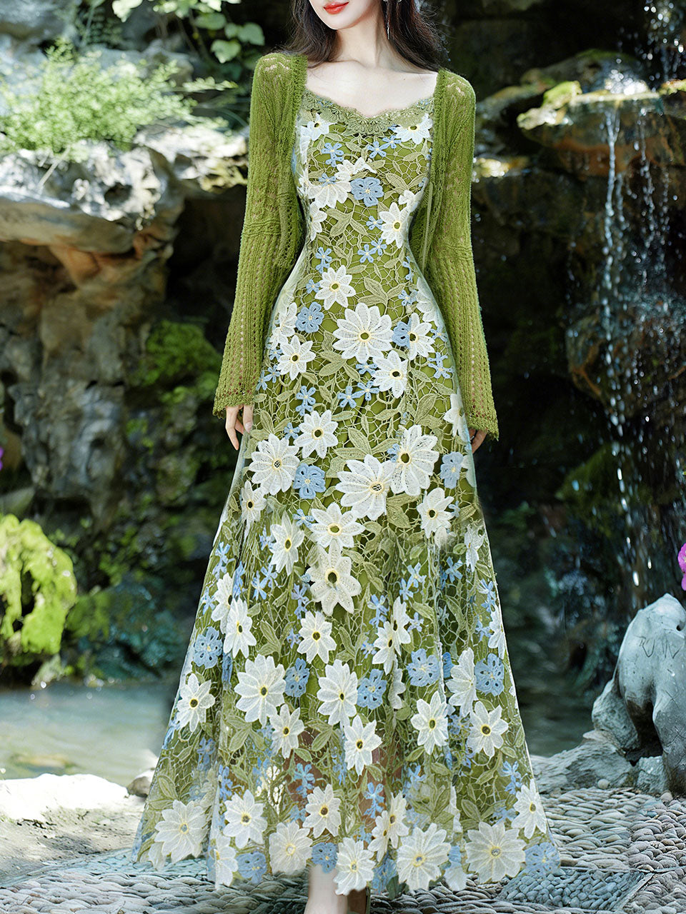 Green Floral Embroidered Lace Maxi Dress Prom Dress