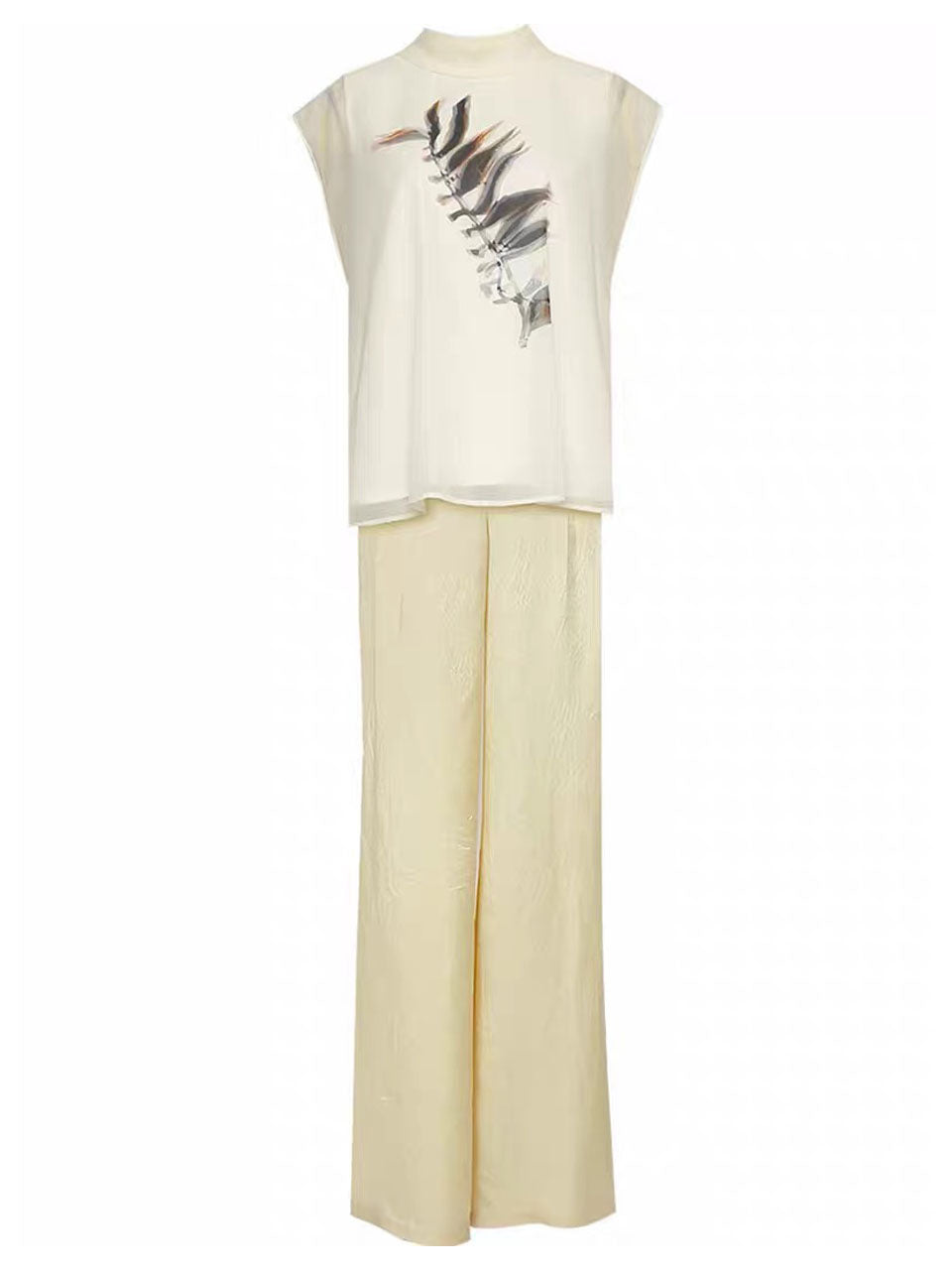 2PS Silk Printed Sleeveless Top and Gold Metallic Pant Set