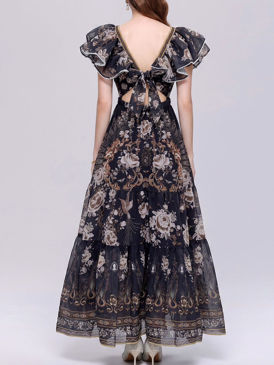Dark Boho Floral Printed Chiffon V-Neck Ruffled Summer Beach Maxi Dress