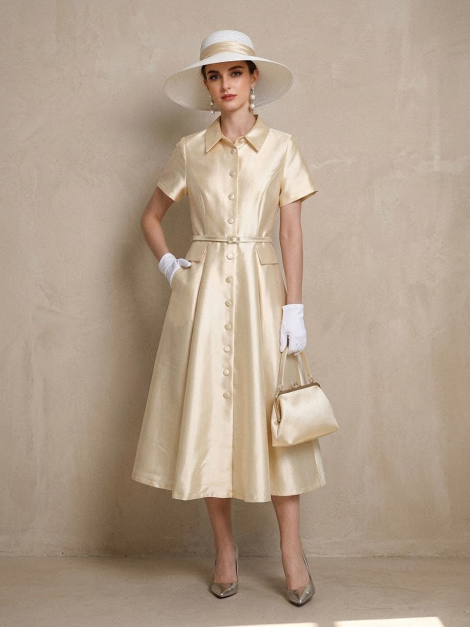 1940S Classic Shirt Collar Vintage Short Sleeve Stain Dress