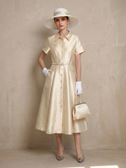1940S Classic Shirt Collar Vintage Short Sleeve Stain Dress