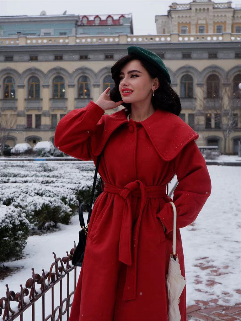Christmas Red Winter Coat Long Sleeve PeterPan Collar