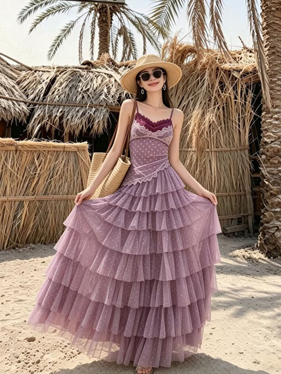 Purple Bohemian Polka Dots Camisole Top and Maxi Skirt Set