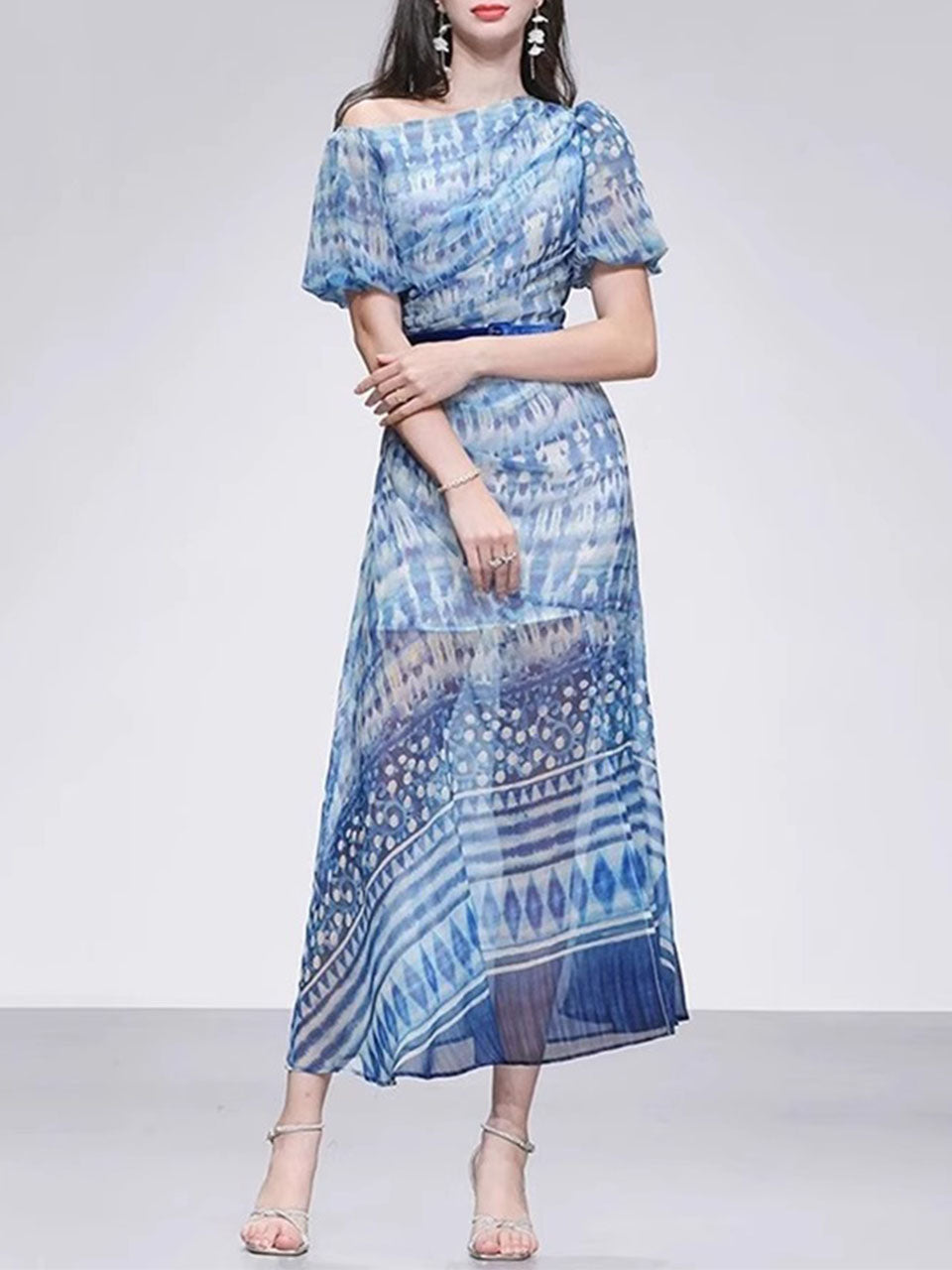 Blue One Shoulder Lantern Sleeve Printed Fishtail Vintage Dress