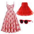 Vintage Red Spaghetti Strap Plaid 1950S Vintage Dress Set