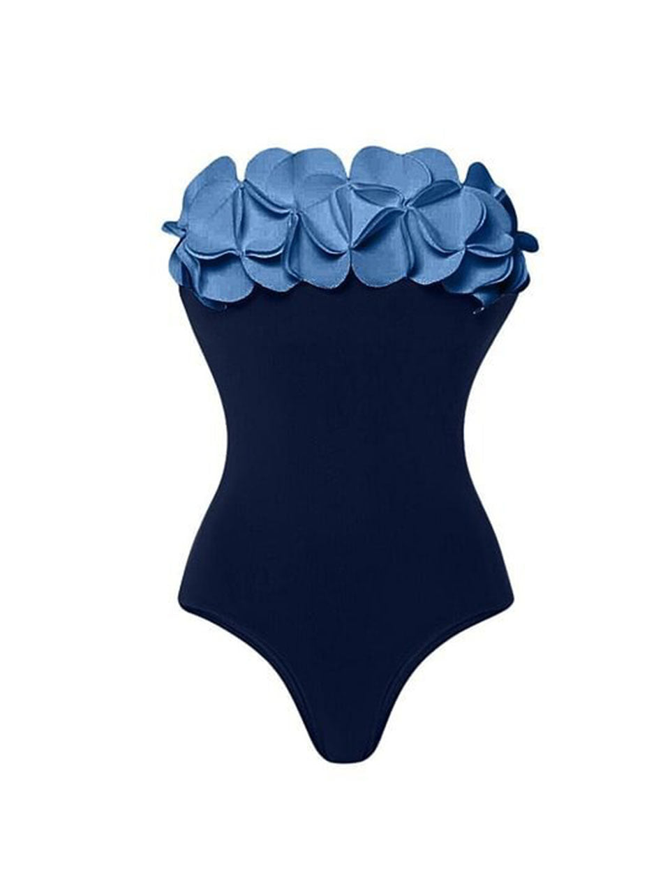 Navy Style Strapless Floral Petal Swimsuit Monokini and Side Slit Beach Maxi Skirt Set