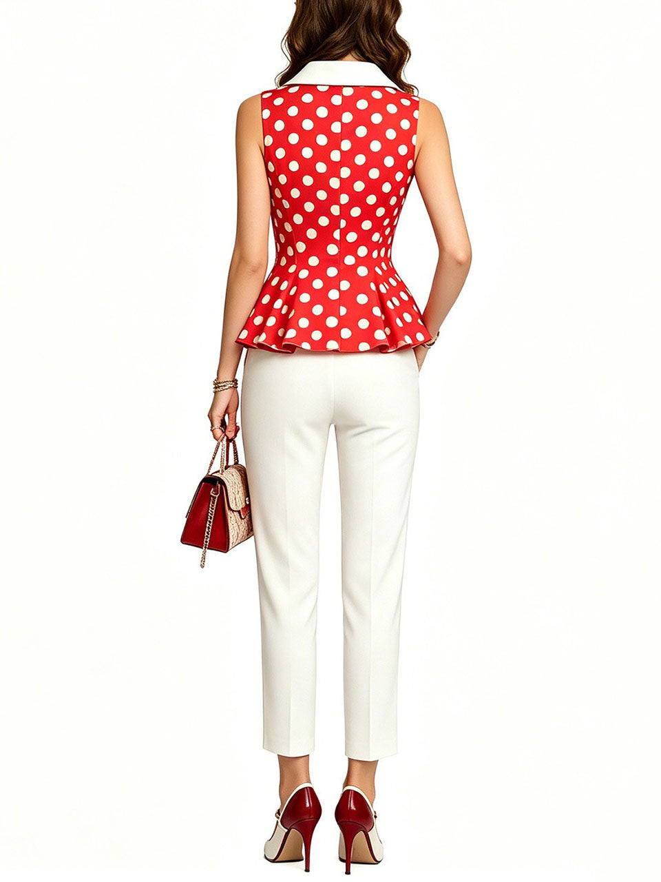 1950s Vintage Red Polka Dot Shawl Collar Peplum Vest Top Rockabilly Style