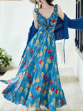 2PS Blue Floral Print V-Neck Ruffles Maxi Dress