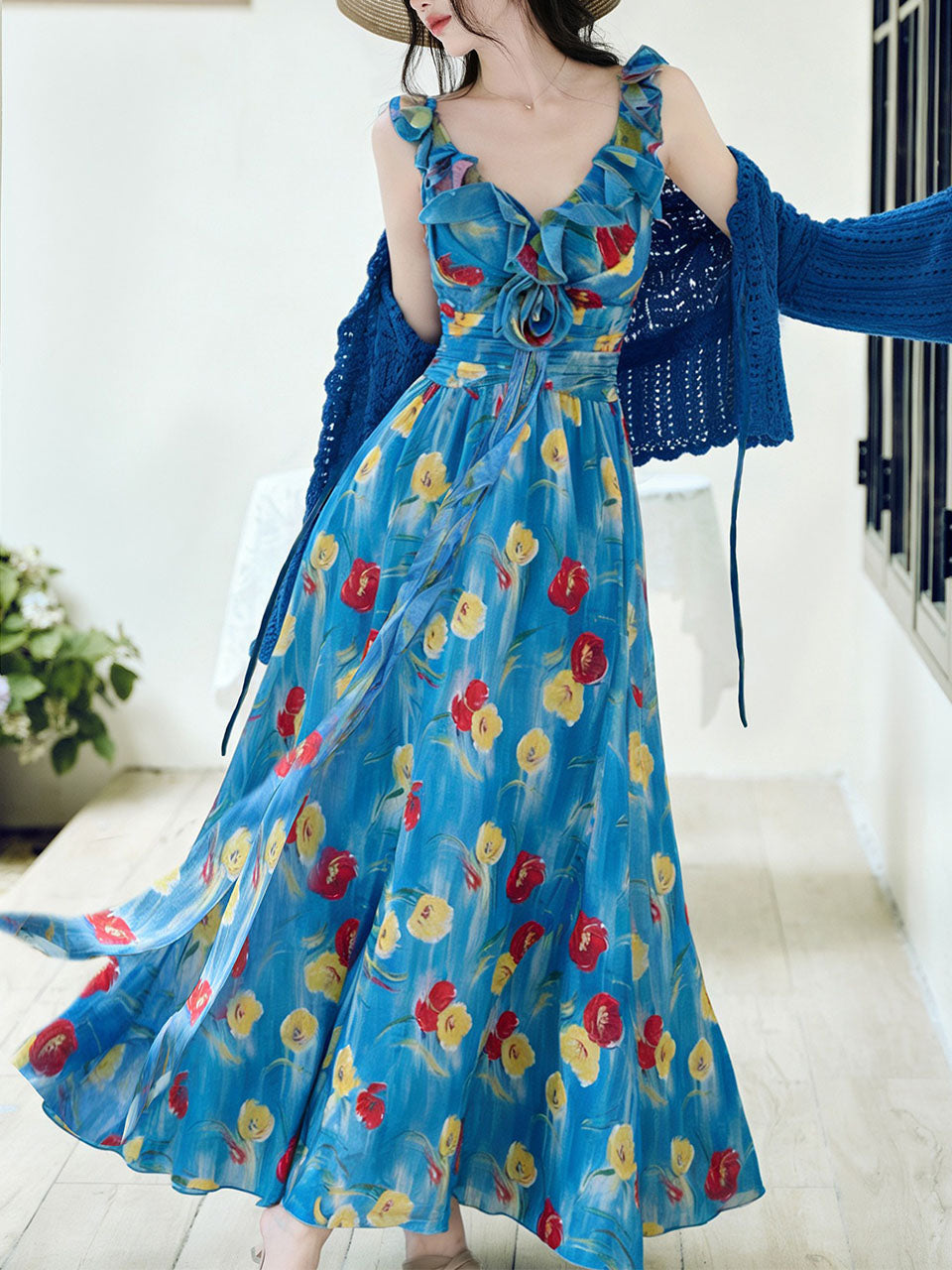 2PS Blue Floral Print V-Neck Ruffles Maxi Dress