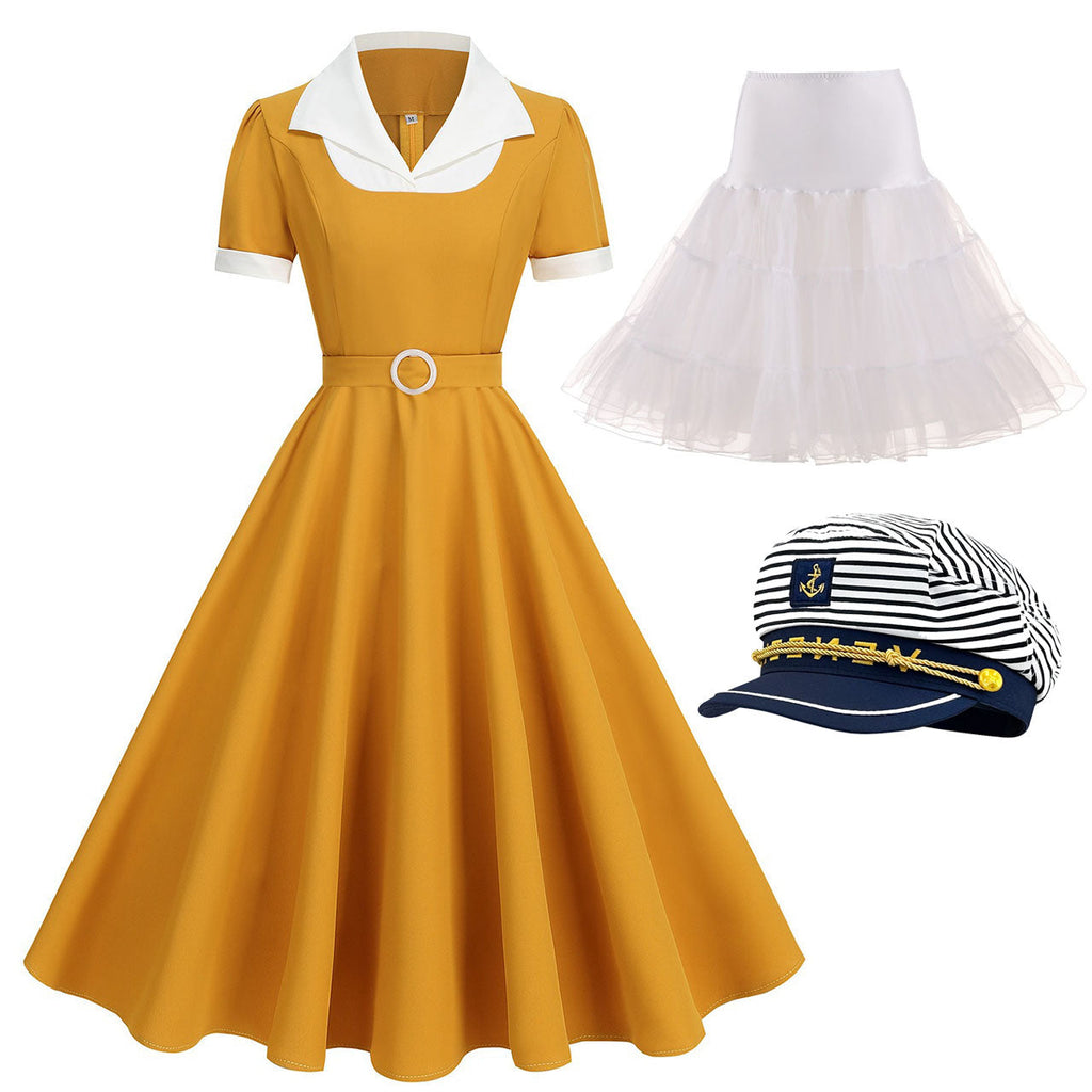 Sweet Navy Sailor Collar Short Sleeve Swing Vintage Dress