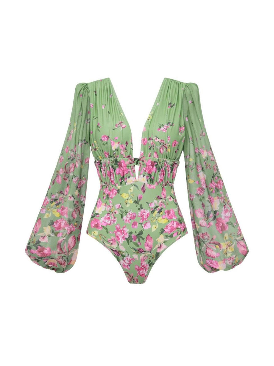 2PS Sage Green Vintage Lantern Sleeve Flower Print Monokini and Flowy Beach Long Skirt Swimsuit Set