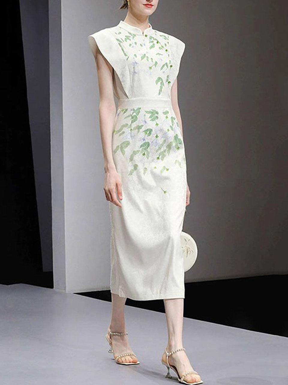 White Satin Green Leaves Flying Sleeves Print Vintage Dress