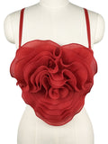 Red Rose Flower Corset Top - Pleated 3D Floral Spaghetti Strap Bustier