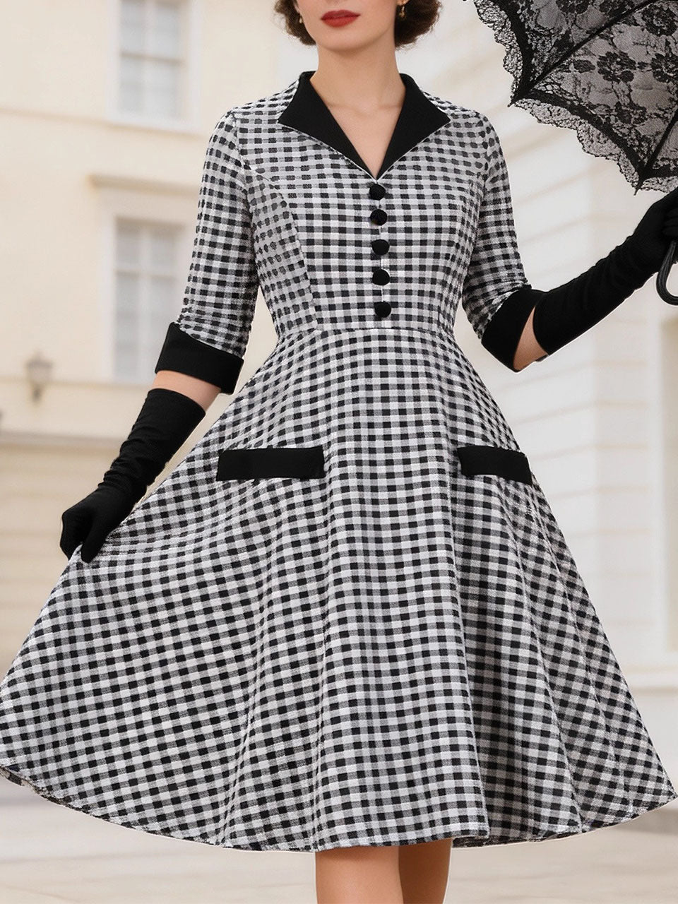 Black White Plaid V Neck 1950s Three-Quarter Sleeves Swing Dress