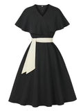 Audrey Hepburn Inspired Black Vintage Dress Elegant V-Neck Flounced Cape Cocktail Gown