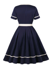 1950S Navy Short Sleeve Vintage Swing Dress
