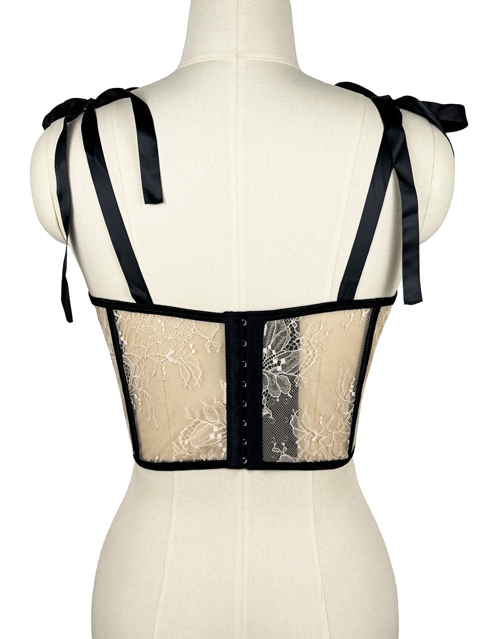 Black Bow Nude Lace Corset Top - Pearl Embellished Bustier