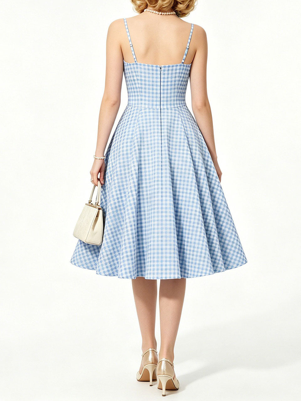 Vintage Blue Plaid Dorothy Dress, 1950s Sweetheart Neckline Retro Picnic A-Line Swing Dress