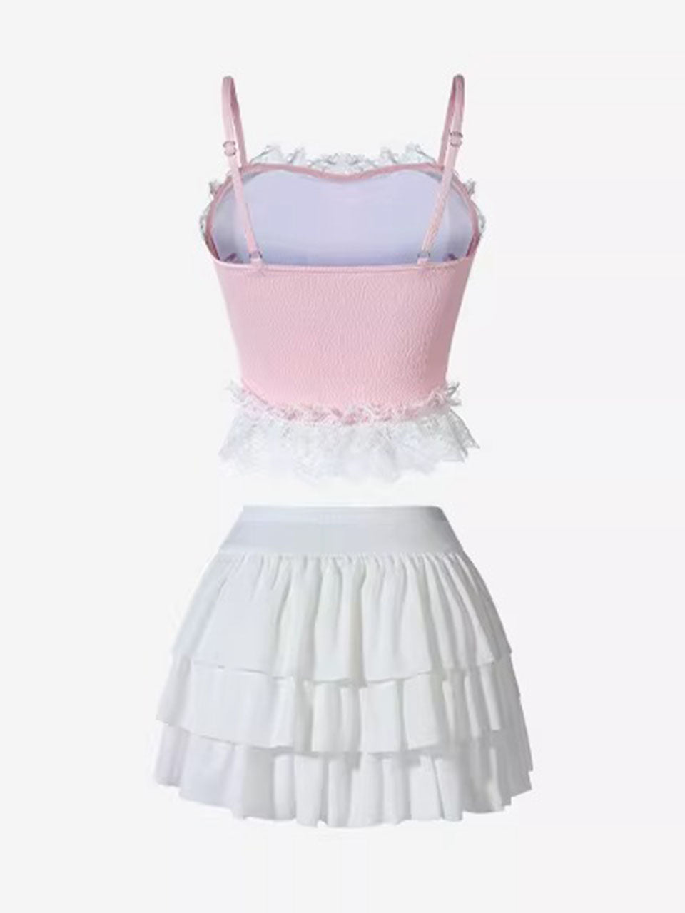 Pink Lace Bandeau and White Tutu Skirt Bikini Set  Two Piece High Waist Swimsuit