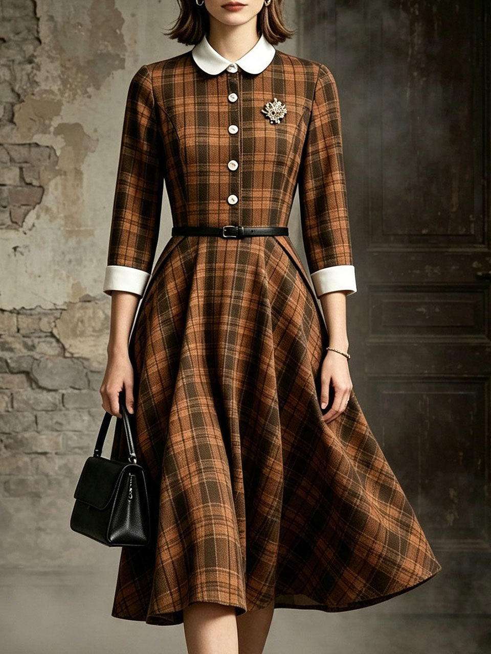 Vintage 1950s Brown Plaid Peter Pan Collar Midi Swing Dress