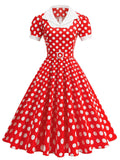 Red Polka Dots Short Sleeve 1950s Vintage Dress