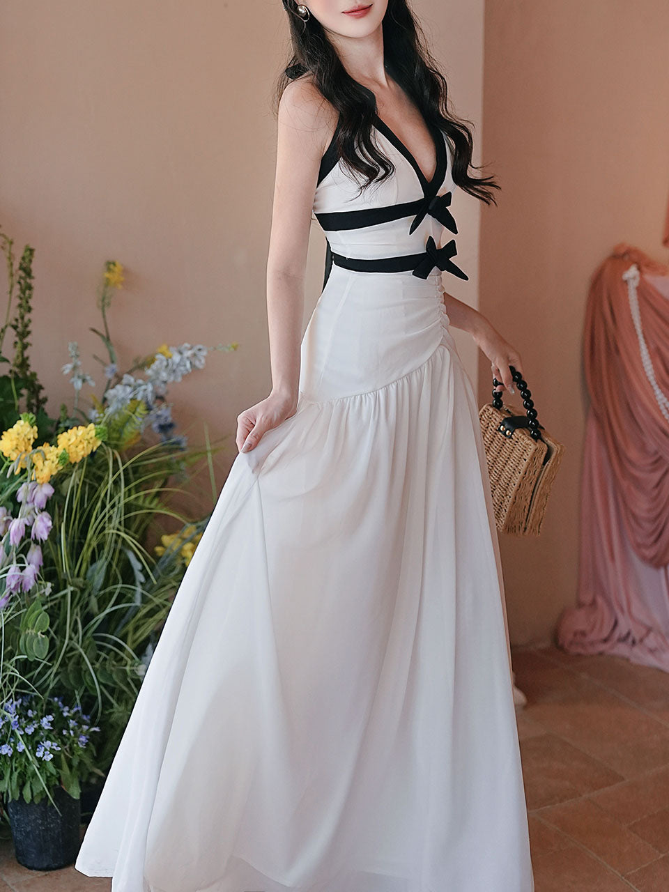 White Halter Neck Backless Vintage Dress