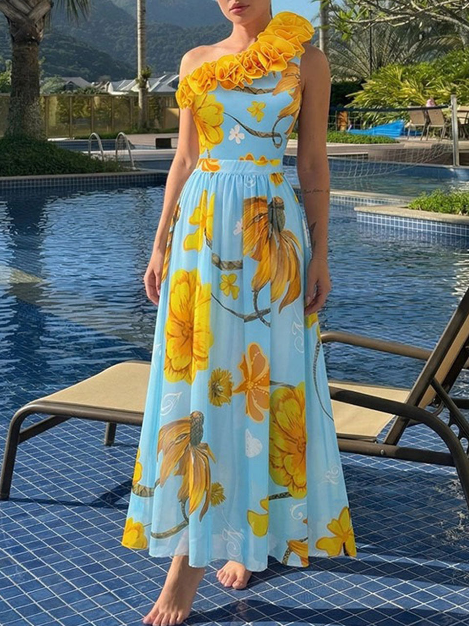 Light Blue Floral Print One-Shoulder One Piece