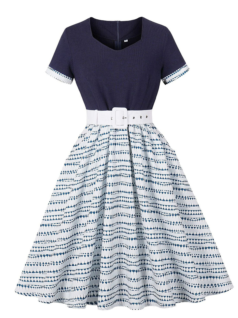 Navy Floral Print Short Sleeve 1950s Vintage Dress