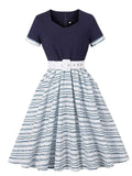 Navy Floral Print Short Sleeve 1950s Vintage Dress
