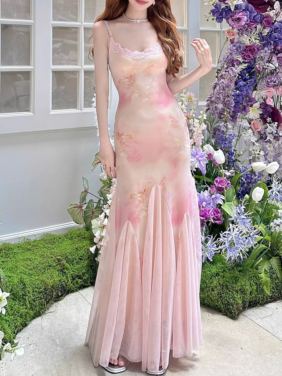Pink Floral Print Spaghetti Strap Fish Tail Swing Party Maxi Dress