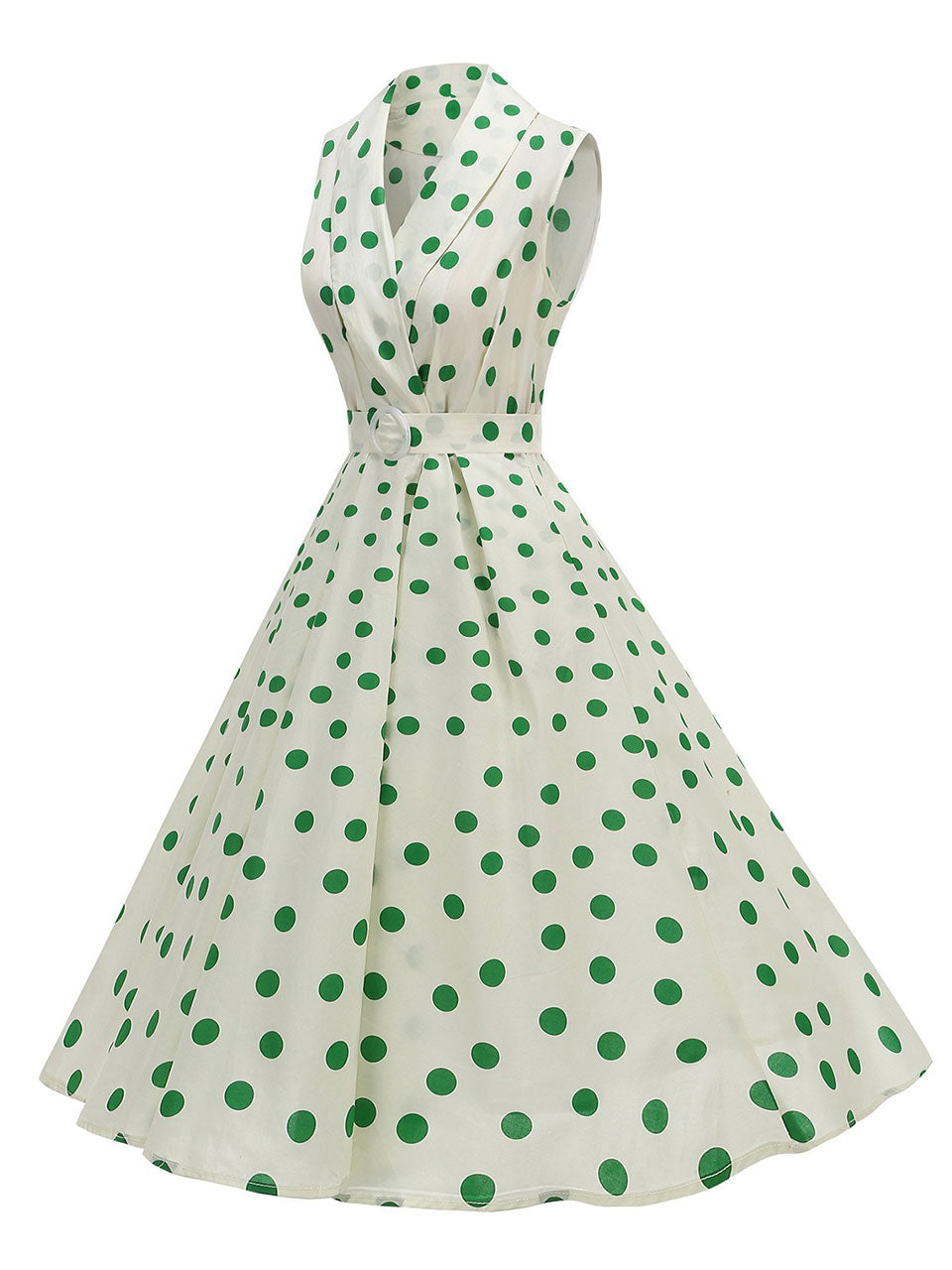 1950s Vintage Audrey Hepburn Style Green Polka Dots Swing Dress