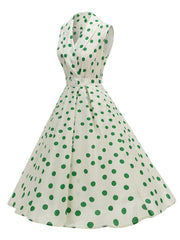 1950s Vintage Audrey Hepburn Style Green Polka Dots Swing Dress
