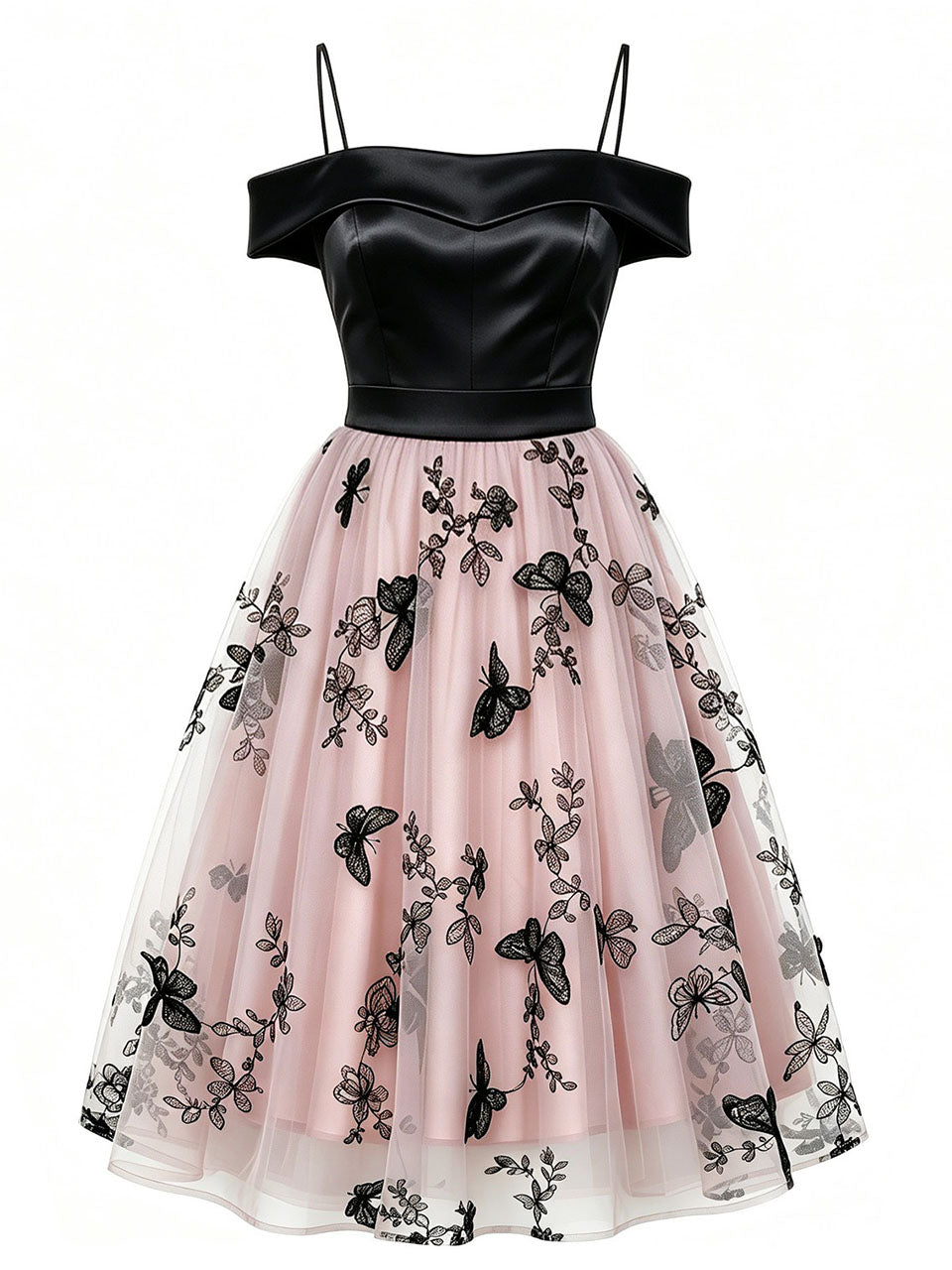 1950s Off-The-Shoulder Satin & Pink Butterfly Mesh Swing Dress