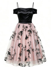 1950s Off-The-Shoulder Satin & Pink Butterfly Mesh Swing Dress