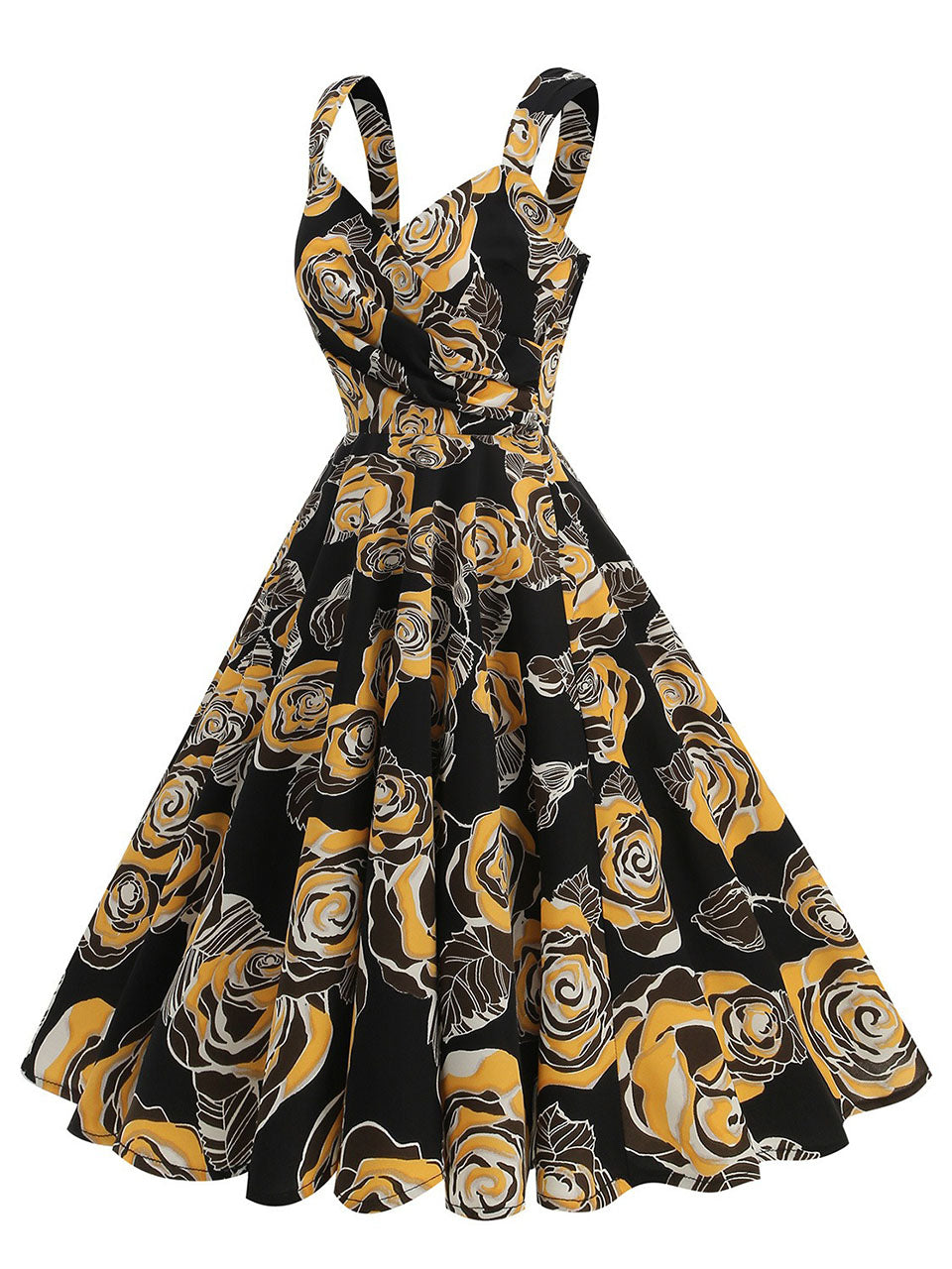 Orange 1950S Halloween Rose Printed V Neck Vintage Dress