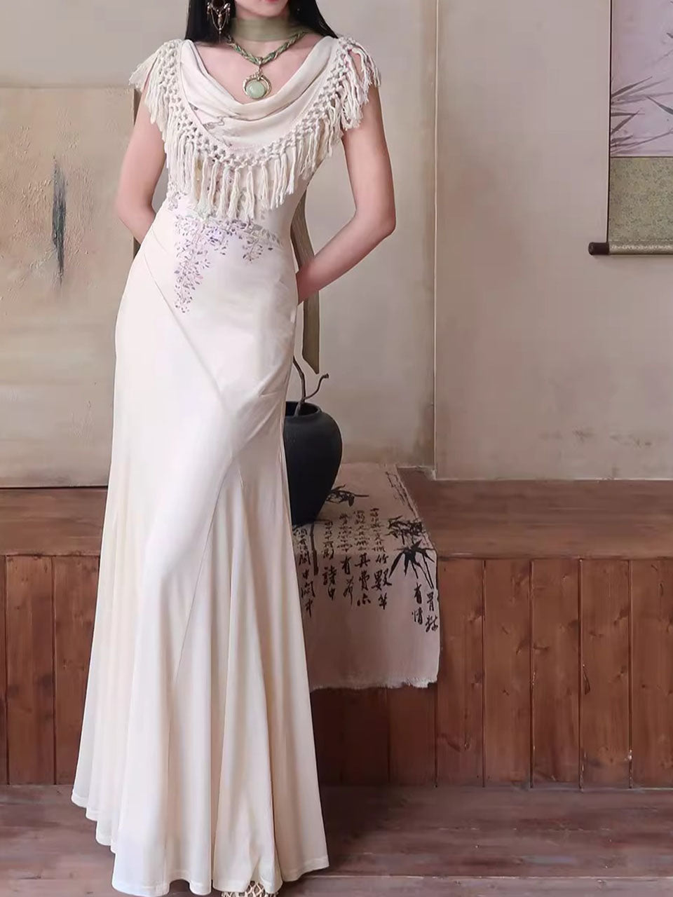 White Off Shoulder Bohemian Crochet  Fringe Mermaid Tail Maxi Dress