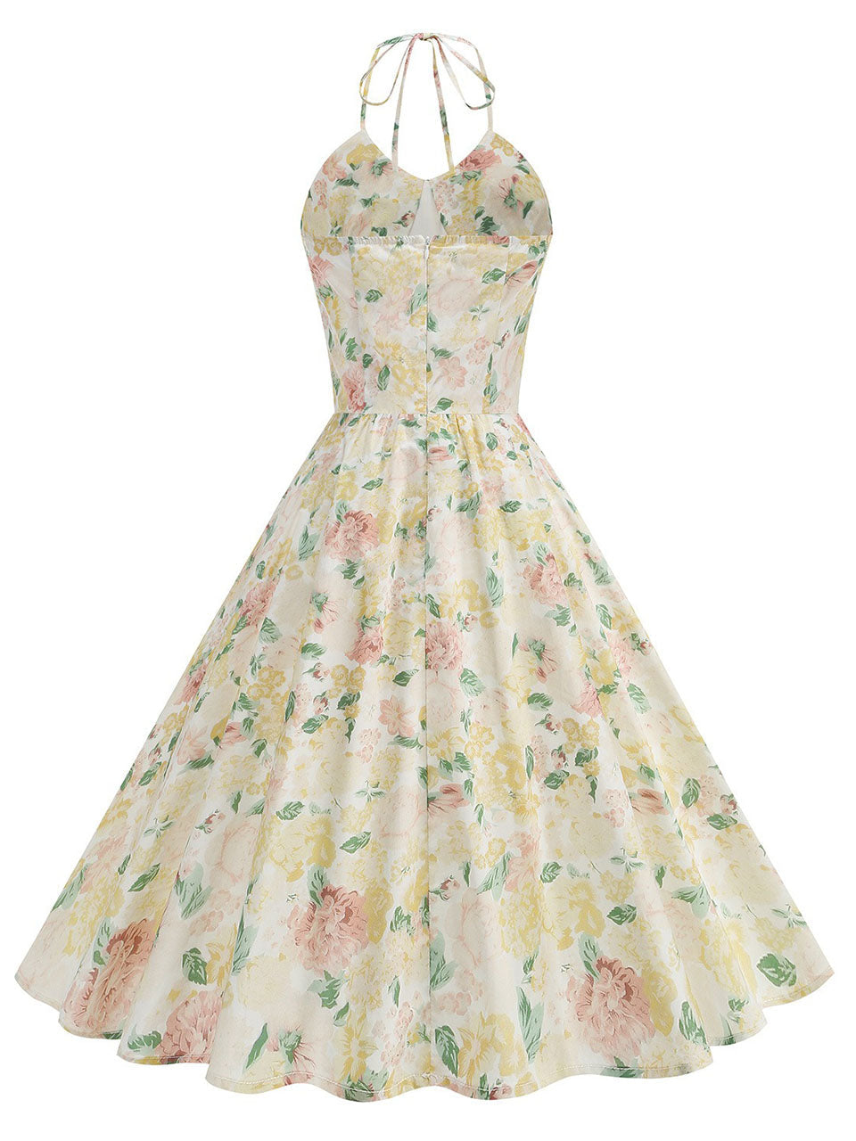 Yellow Floral Print Halter Neck Vintage Dress