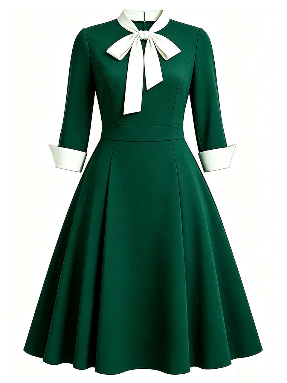 1950s Emerald Green Bow Tie Swing Dress 3/4 Sleeves