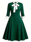 1950s Emerald Green Bow Tie Swing Dress 3/4 Sleeves