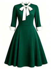 1950s Emerald Green Bow Tie Swing Dress 3/4 Sleeves
