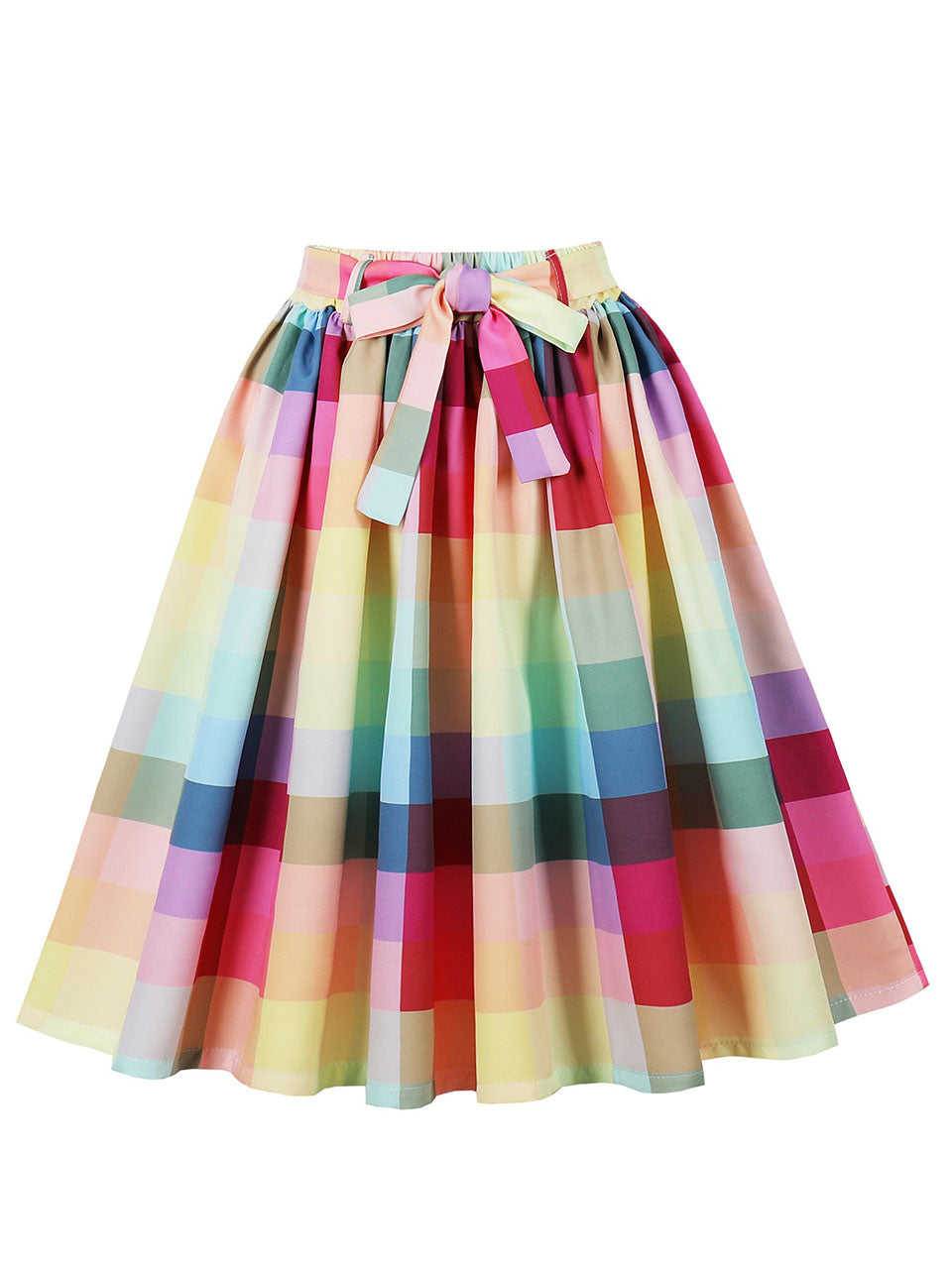 1950S Rainbow Plaid Print High Waist Swing Vintage Skirt