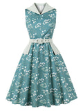 Retro Teal Lapel Collar Sleeveless A-Line Swing Dress