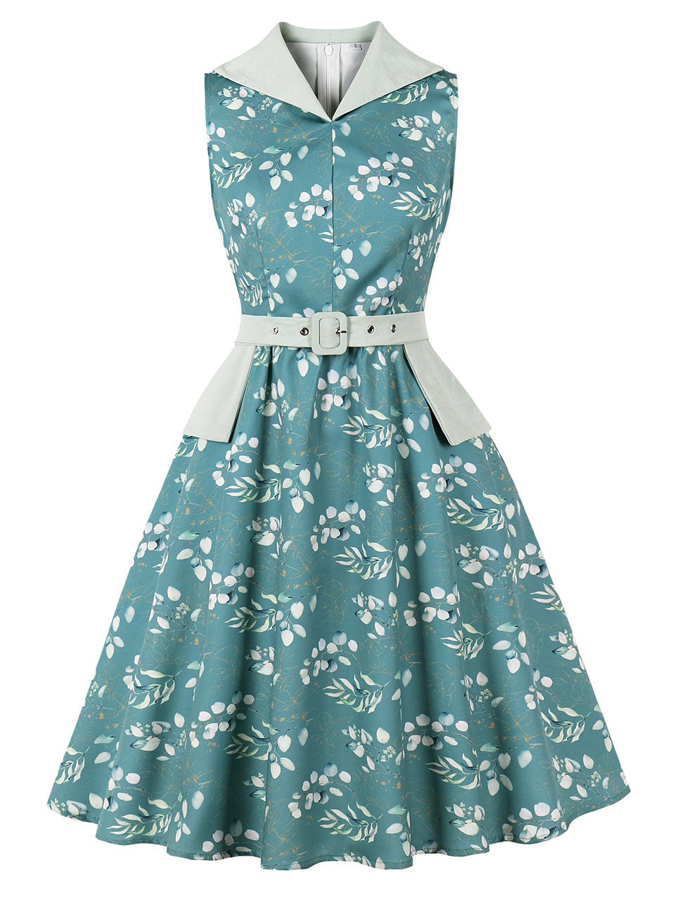 Retro Teal Lapel Collar Sleeveless A-Line Swing Dress