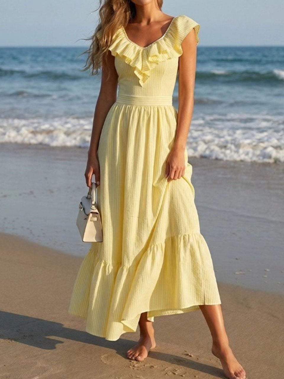 Yellow Striped Ruffle V-Neck One Piece Swimsuit