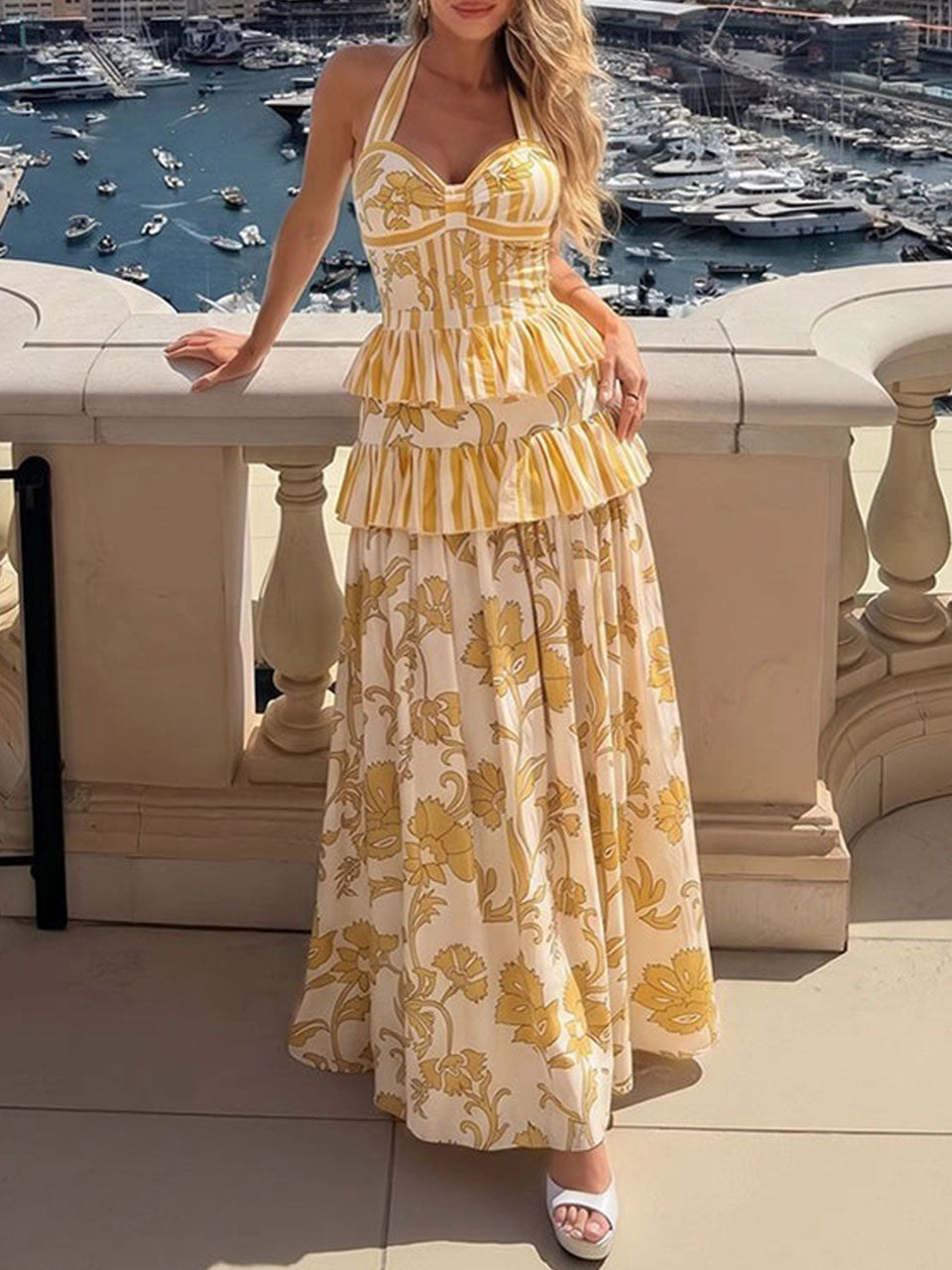 Yellow Floral Striped Halter Swimsuit & Tiered Ruffled Maxi Skirt Set